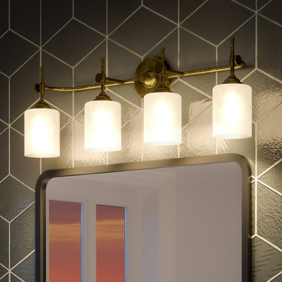 Luxury Mid-Century Modern Indoor Bath Fixture, 10.00''H x 31.25''W, with Cosmopolitan Style Elements, Classic Design, Rustic Brass Finish and Opal Etched Glass, UQL3490