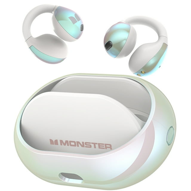 Monster Écouteurs Sans Fil, Écouteurs à Clip, Bluetooth 5.4, Écouteurs Étanches Sans Fil, Écouteurs Sans Fil à Réduction de Bruit IA, Blanc
