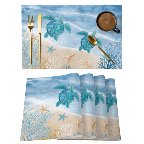 Navy Blue Turtle Coastal Placemats Set of 6 Waves Seaside Summer Beach Ocean Place Mats Indoor Wipeable Table Mats Washable Dining Table Placemats for Kitchen Holiday Party Home Decor 13x19 Inch