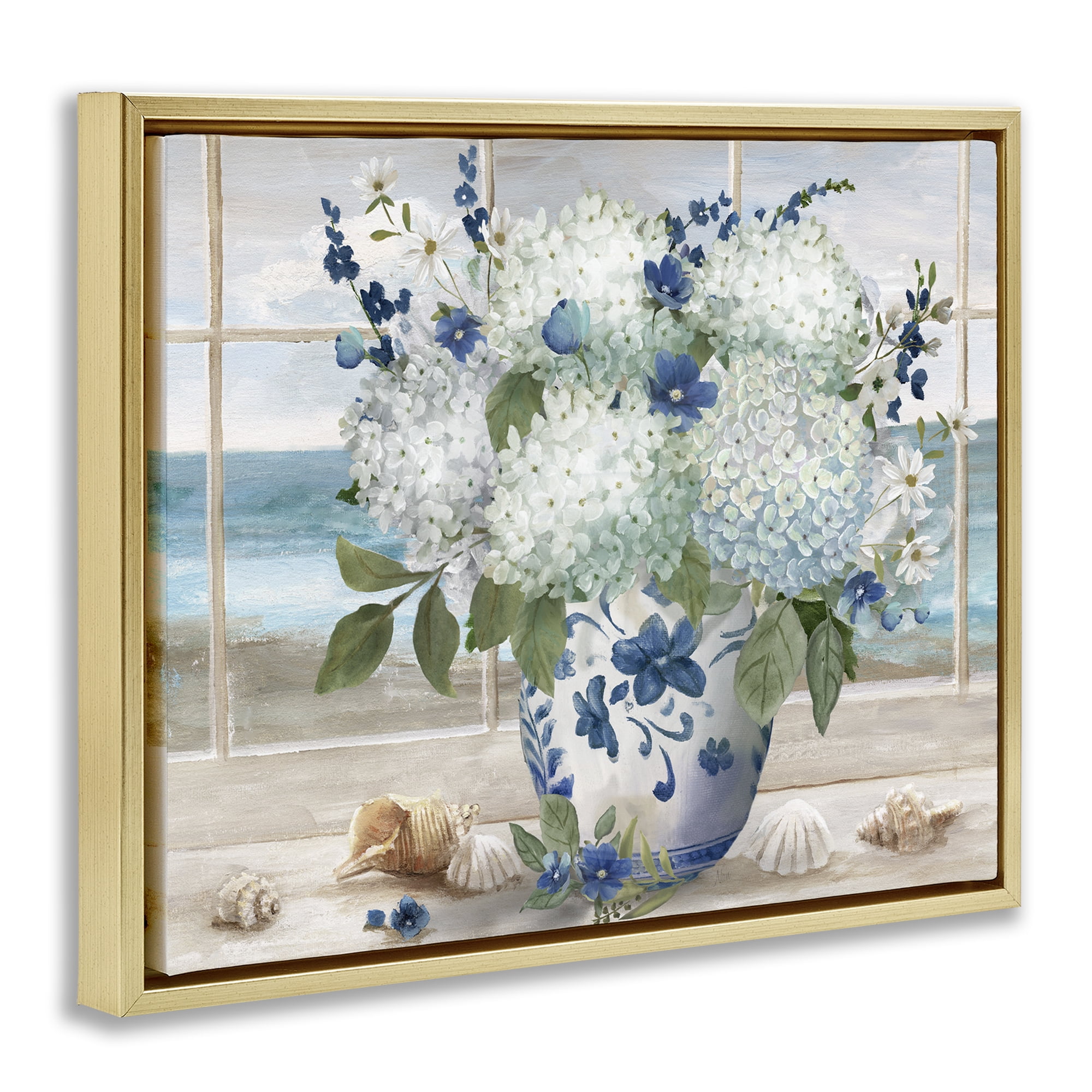 Stupell Industries Seaside Hydrangea Bouquet in Window Gold Framed Floater Canvas Wall Art, design by Nan