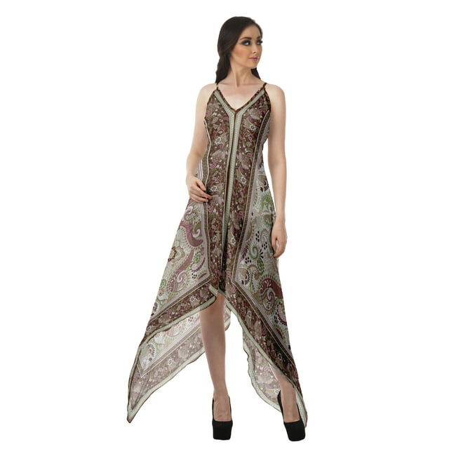 Moomaya Robe à Ourlet Asymétrique pour Femmes, Robe à Bretelles Spaghetti à Dos Nu avec Mouchoir