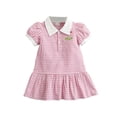 thumbnail image 2 of Huowey Girls Baby Classic Dresses Plaid Floral Embroidery Button Summer A-Line Dress Polo Collar Short Puff Sleeves Comfortable Casual Outfit Fashionable Dailywear,Pink,6-12 Months, 2 of 6