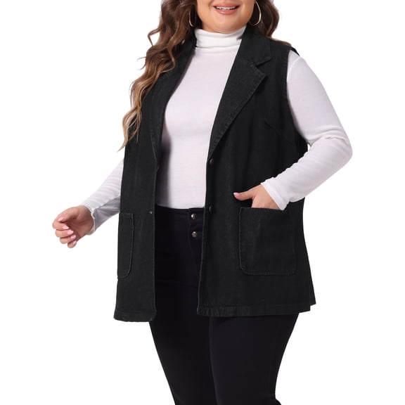 DARING DIVA Women's Plus Size Denim Sleeveless Lapel Vest Relax Notched Jacket 1X Black