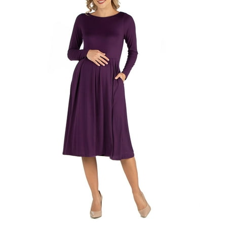 

24seven Comfort Apparel Midi Length Fit N Flare Pocket Maternity Dress M0116161 Made in USA