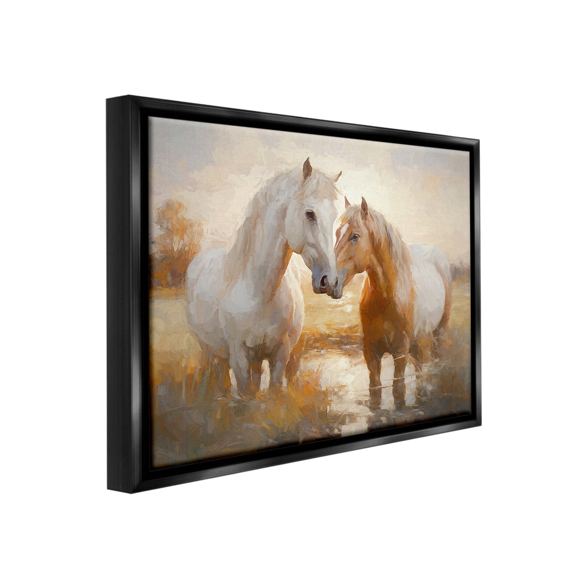 Stupell Industries Horses in Shallow Creek Animals & Insects Painting Black Floater Framed Canvas Art Print Wall Art, 21 x 17
