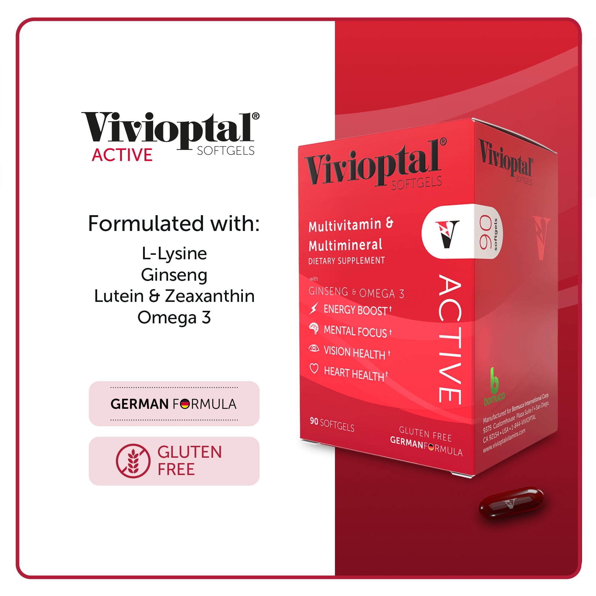 Vivioptal Active, 90 Softgels, Ginseng & Omega 3, Multivitamin & Multimineral, Gluten Free, German Formula