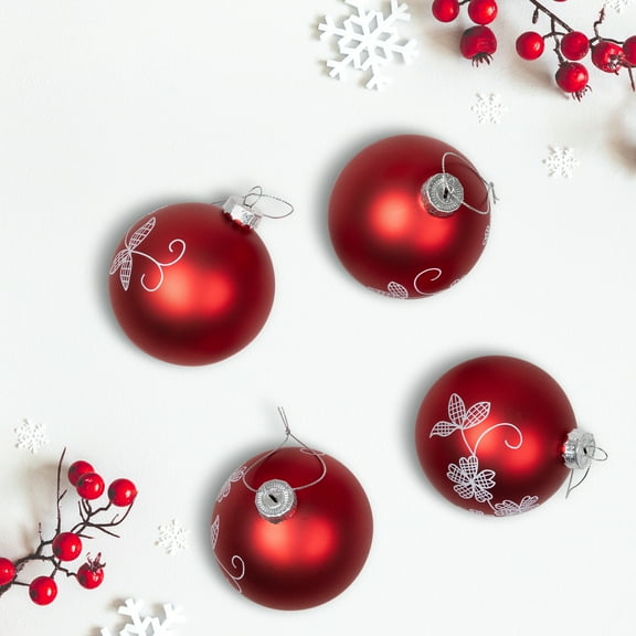 Northlight Flower Vines Christmas Glass Ball Ornaments - 3" (75mm) - Red and White - 4ct