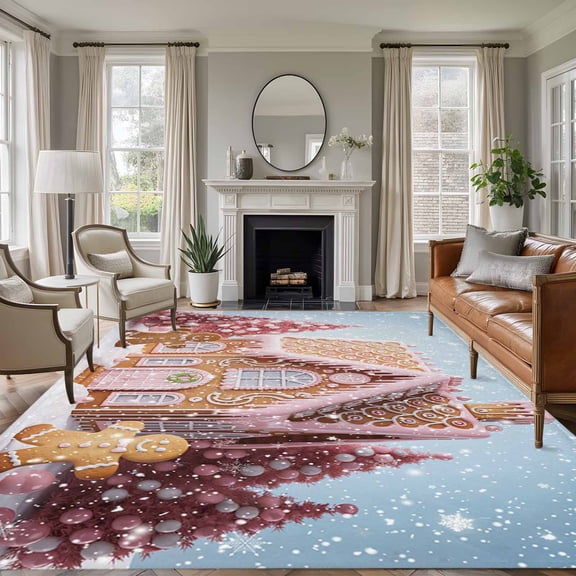 Area Rug for Living Room, Pink Blue Christmas Non-Slip Indoor Large Carpet for Bedroom/Dining Room, Xmas Farmhouse Snowflake Tree Cute Washable Low-Profile Rectangle Floor Runner Rugs - 5 x 8 Ft