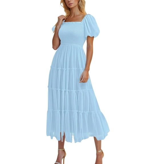 DJskiyers Women's Smocked Midi Tulle Dress 2025 Summer Puffy Short Sleeve Party Dress Square Neck Ruffle Wedding Guest Dresses