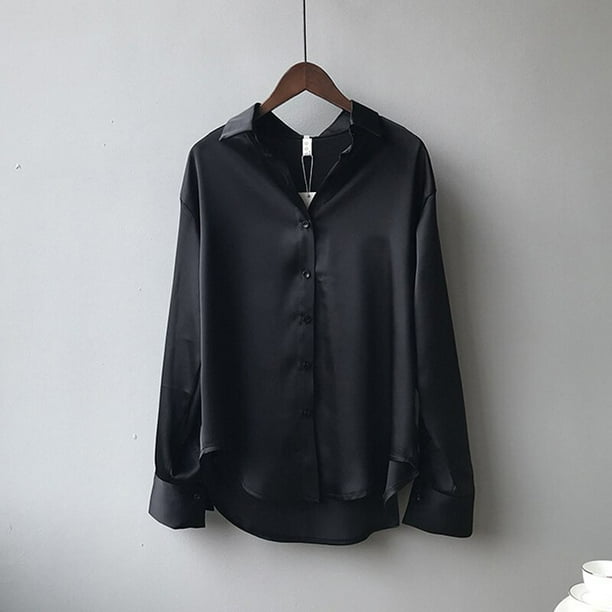 Seda coreana Oficina señoras elegante camisa blusa mujer moda botón arriba satén camisa Vintage blanco manga larga camisas Tops 11355 Tan Jianjun unisex