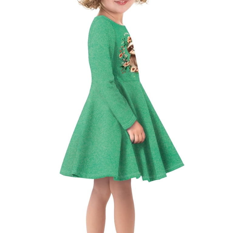 DISNIMO Sloth Dress Girls Floral Dress Long Sleeve Midi Dress Girls Green  Dresses for Children Fall Skater Dress Girls 3/4 Winter Dresses Kids Knee  Length Dresses for Girls Soft Dresses for Girl -