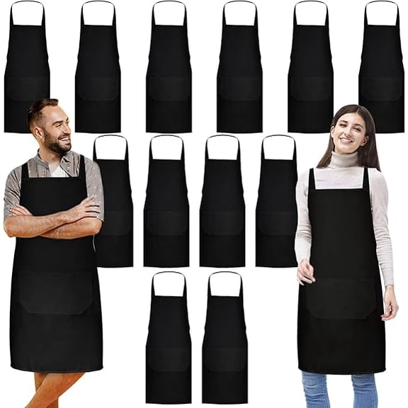 12 Pack Bib Apron,Unisex Black Plain Aprons,Aprons Bulk with 2 Pockets,Bib Aprons with Long Ties, 23 x 28 Inch
