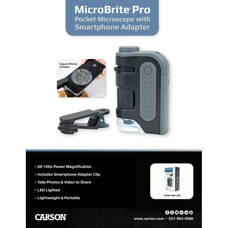 MicroFlip™ 100x-250x LED UV Pocket Microscope with Smartphone Clip