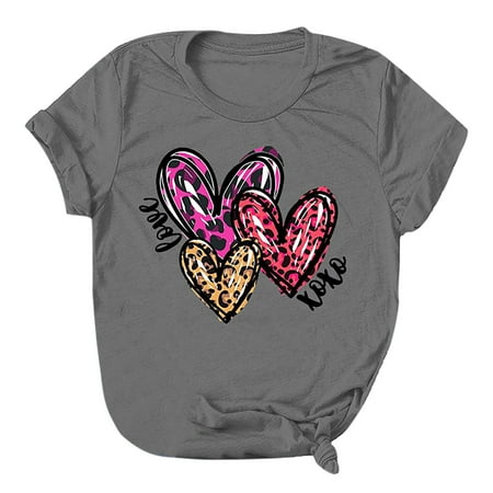 

Women s Valentine s Day Short-sleeve T-shirt Fashion Love Printed Round Neck Solid Top Ladies Casual Loose Tee Blouse