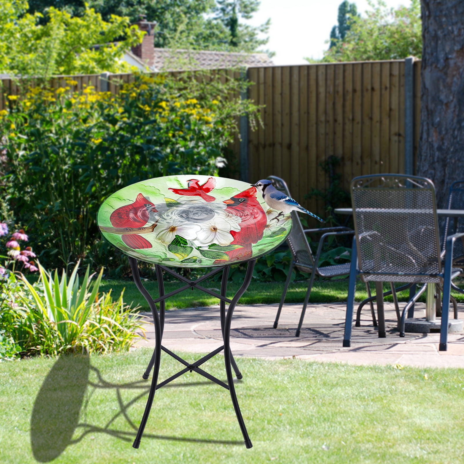 Outdoor Bird Bath, Solar Bird Bath, Red Bird Pattern, with Metal Stand, Attracts Birds,for Garden,Lawns,Patio