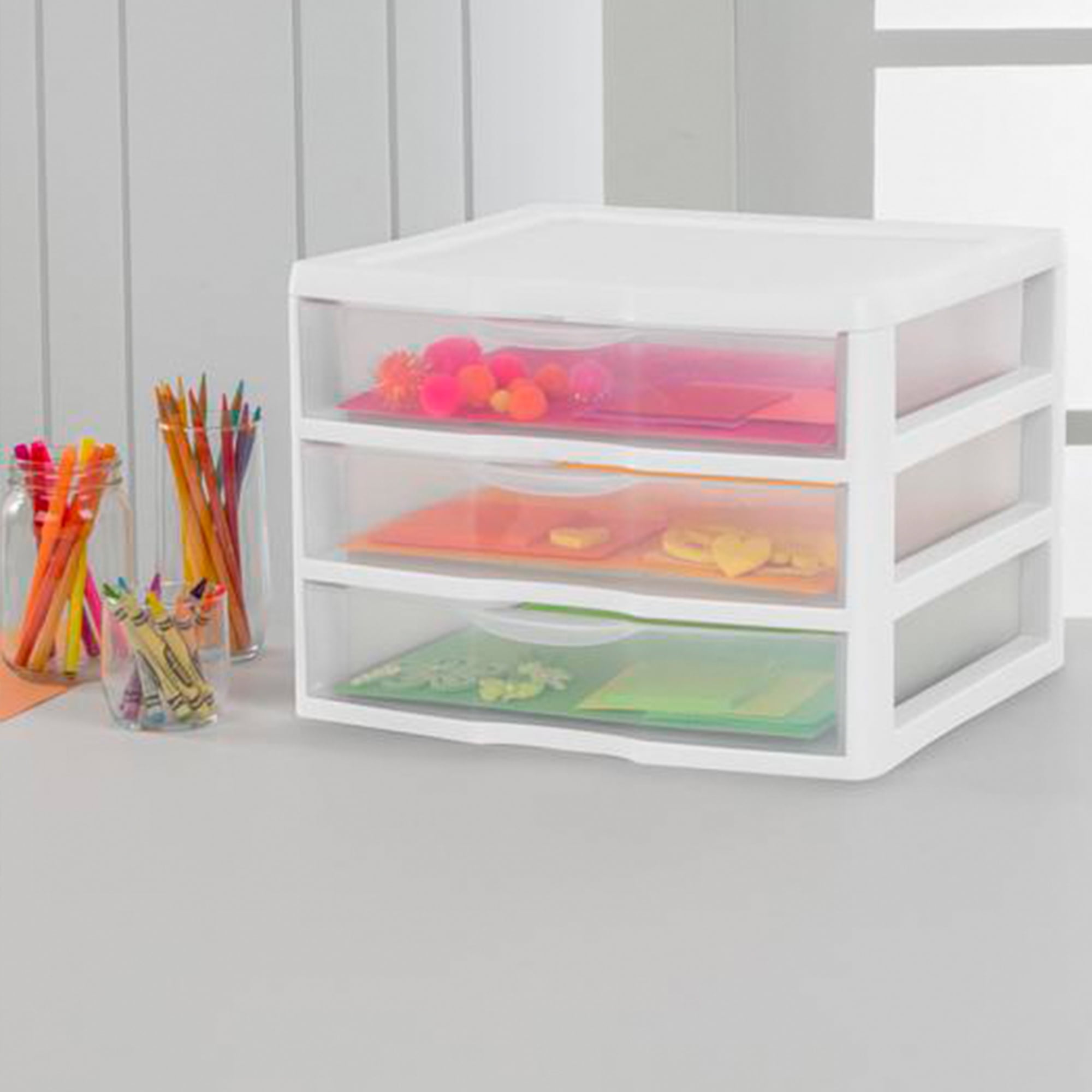 Sterilite Clear Plastic Stackable Small 3 Drawer Storage System for Home  Office, Dorm Room, or Bathrooms, White Frame, (6 Pack)