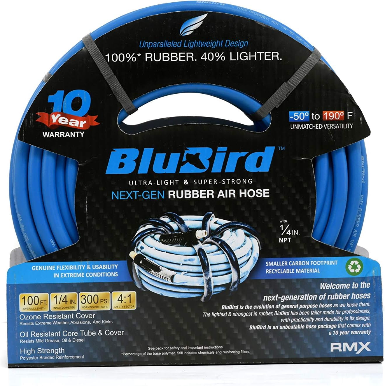 BLUBIRD Lightest, Strongest, Most Flexible Rubber Air Hose (1/4" x 100') - BB14100