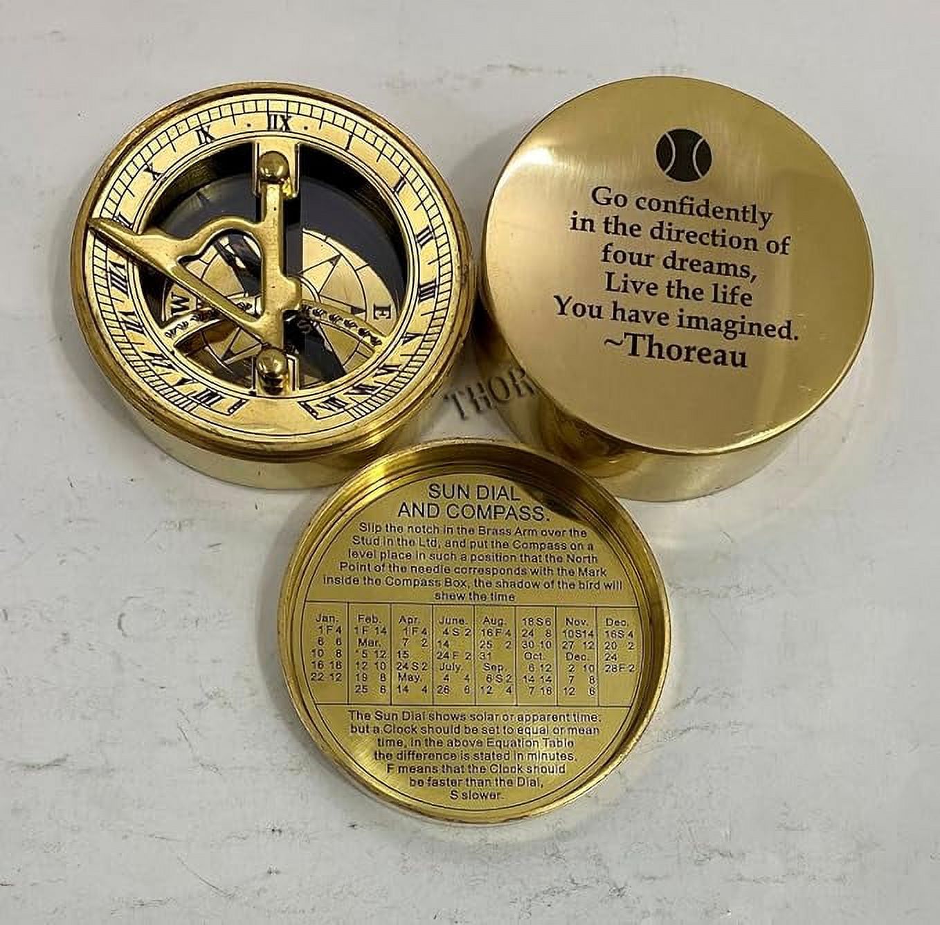 Antique Brass Finish Compass with Famous Thoreau's Quote Engraved Go Confidently in The Direction of Your Dreams Live The Life Compass
