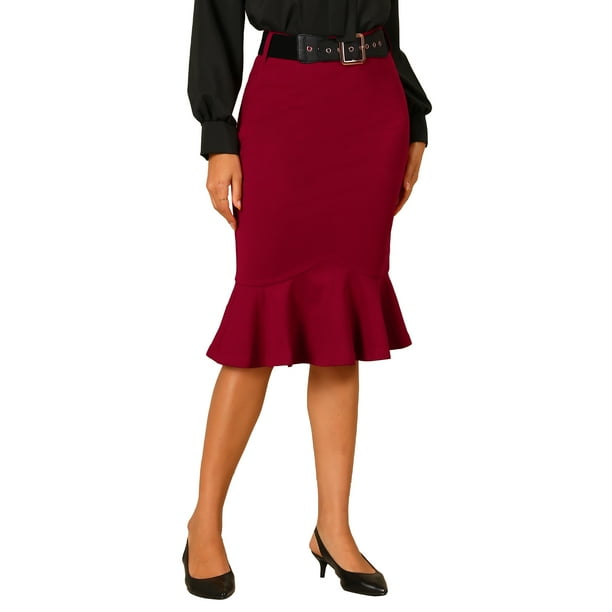 Falda de cola de pez inspiradora Chic para mujer, falda midi de peplum de cintura alta, falda de lápiz para trabajo y negocios con cinturón, talla XL, color rojo vino