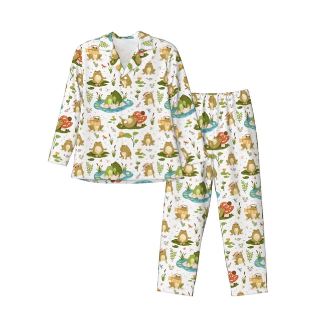 Fotbe Cute Frog Pijama de Hombre con Estampado de Manga Larga, Conjunto de 2 Piezas, Ropa de Dormir Suave y Cómoda con Bolsillos-X-Large