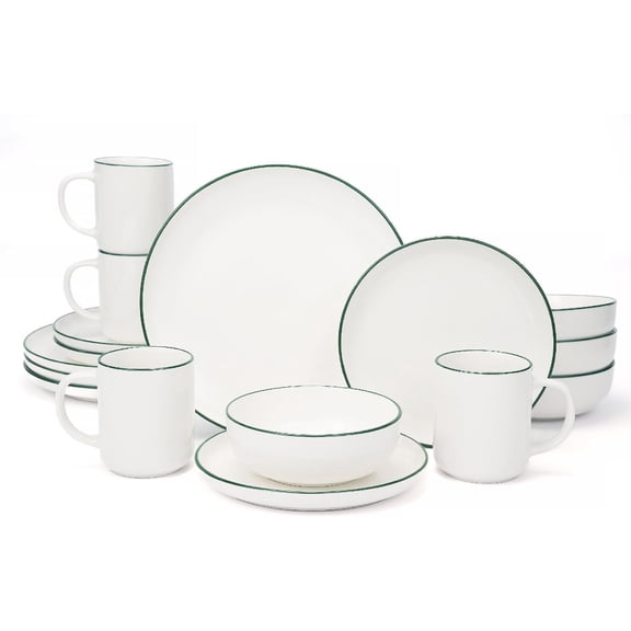 16- Dinnerware Set for 4 with 4 Mugs, White with green rim Stoneware Plates and Bowls Sets, Ceramic Dish Set for Kitchen, Dinner & Dining, Green Rim, Microwave & Dishwasher Safe