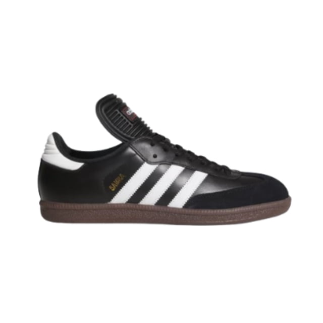 tenis de fútbol adidas samba classic negro/blanco para hombre 034563 lateral derecho, perfil con exterior en piel negro, tres franjas blancas en costado, puntera redondeada, lengüeta acolchada con logo, talón blanco y suela de goma marrón para uso indoor; estilo urbano/casual, a menudo usado para juegos y entrenamiento en superficies interiores.