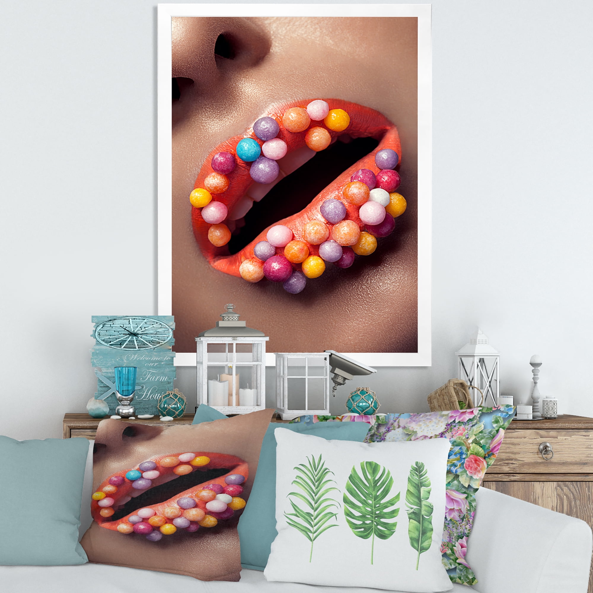 Designart 'Close Up of Creative Make Up On Woman Lips With Lolipops' Modern Framed Art Print