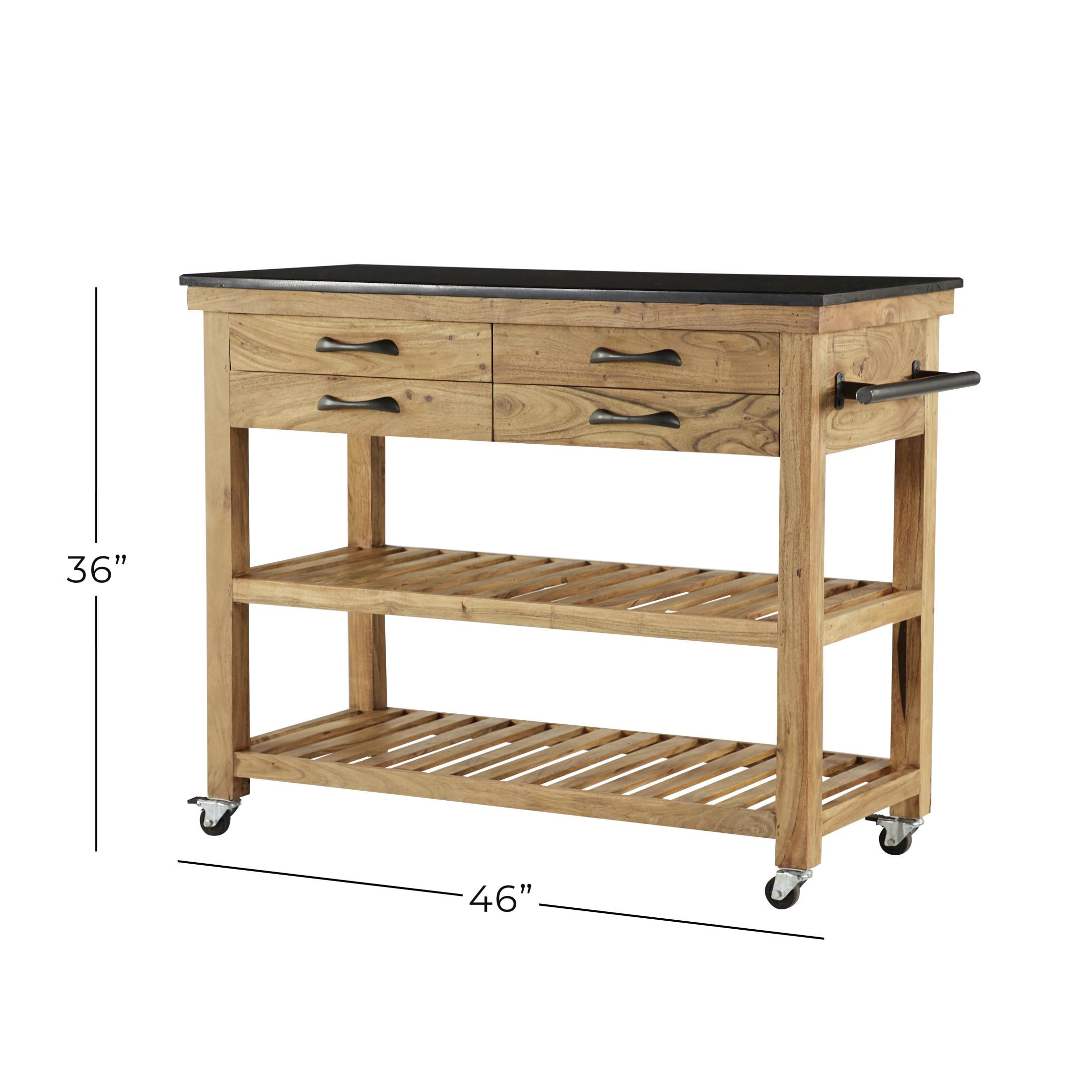 DecMode 46" x 36" Brown Wood Rolling 4 Drawer and 2 Shelf Kitchen Cart with Black Metal Handles and Marble Top, 1-Piece