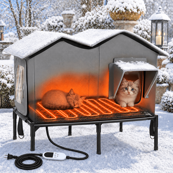 YUWENUS Heated Outdoor Cat House with Digital Thermostatic Heating Pad, Extra Large Insulated Weatherproof Cat Shelter with Elevated Base and Escape Door, Grey