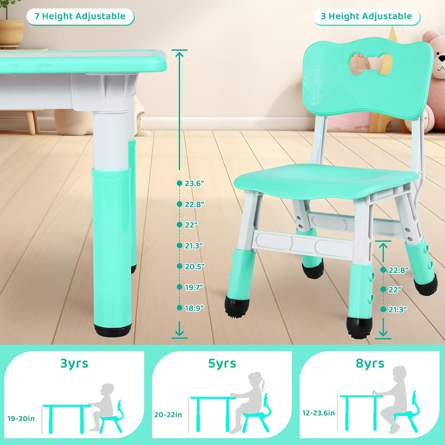 Pirecart Kids Table and Chairs Set Height Adjustable Graffiti Table, Preschool Activity Art & Craft Table and Chairs Set, Green