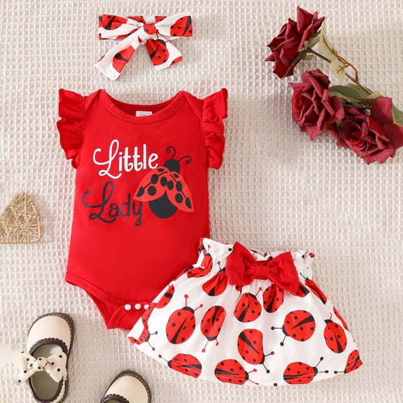 Trendfront Girls Ladybug Print Outfit Set Crew Neck Short Sleeve Top Summer 3 Piece With Skirt And Headband Bundle Infant Ages 0-18M Holiday Set Clothes Set