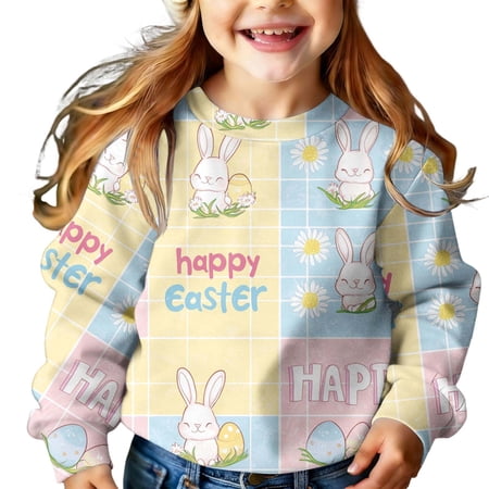 IVEYRTF Children s Easter Print Long Sleeve Prints Casual Loose Fleece-lined For Warmth Long Sleeved Round Neck Hoodie For Kids(Multicolor#1 12-13 Years)