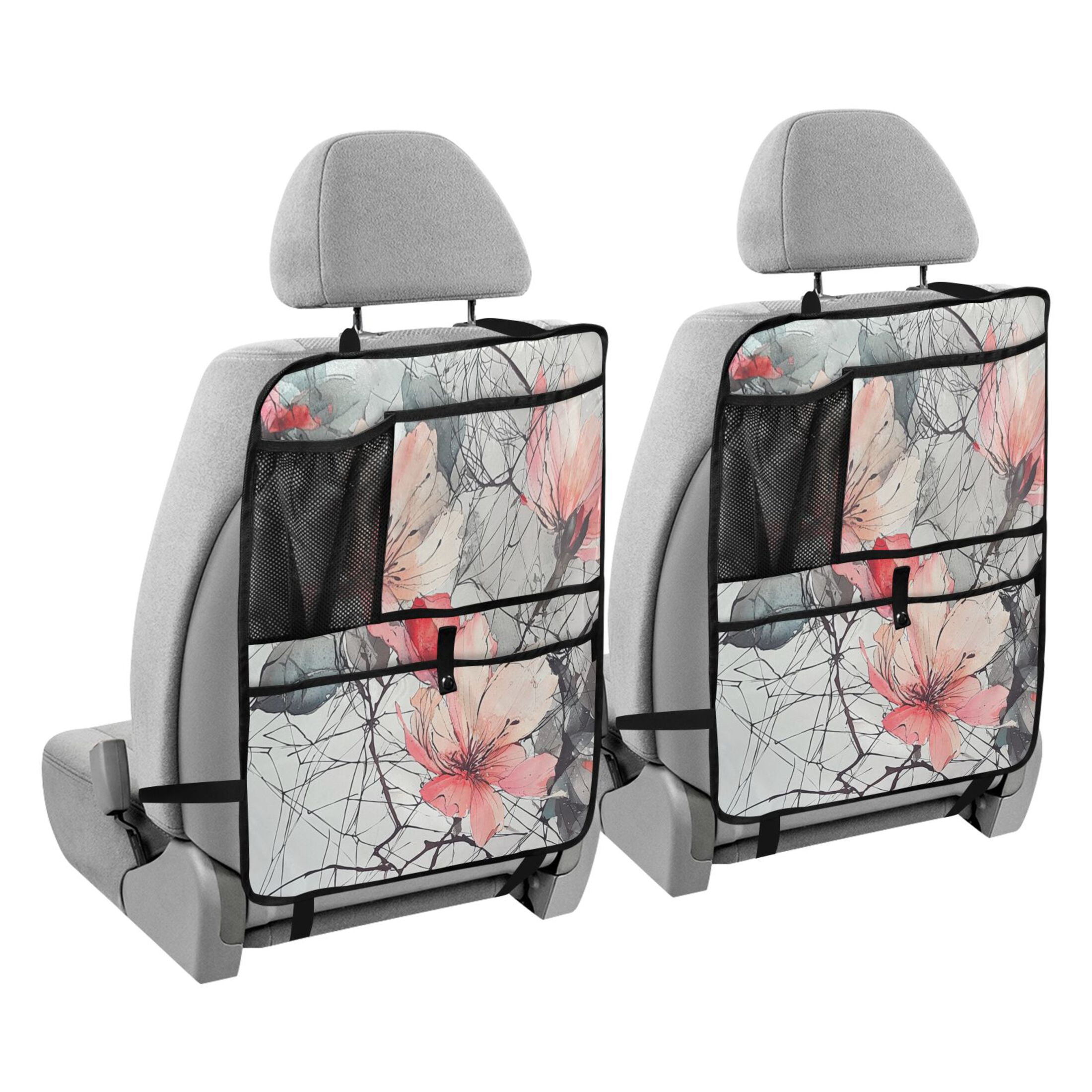 WOBOGO Pink Watercolor Flower Backseat Car Organizer 2 PCS Footed Universal Car with Touch Screen Tablet Holder Rear Seat Protector
