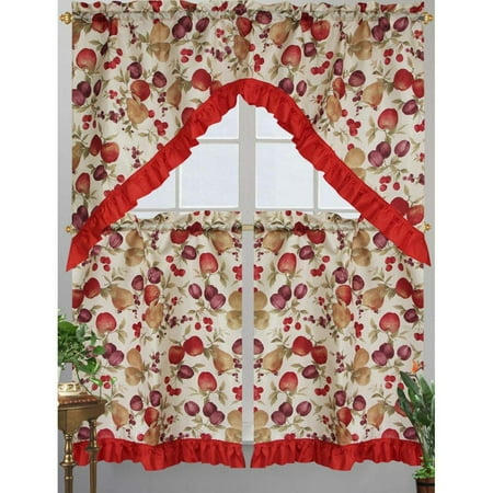 Apple Kitchen Curtains - Kashi Home Diana Kitchen Curtain Swag Set, Apple, Plum, Pear & Cherry Printed Design