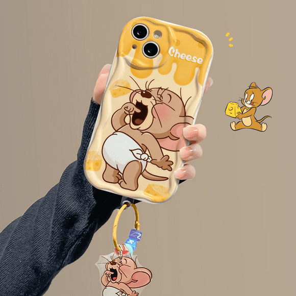Cute Yawn Jerry Cartoon Phone Case for iPhone 15 14 Pro Max 13 Mini 12 11 Pro Max X XS XR 7 8 Plus Wave TPU With Pendant Cover White For iPhone 15 Pro