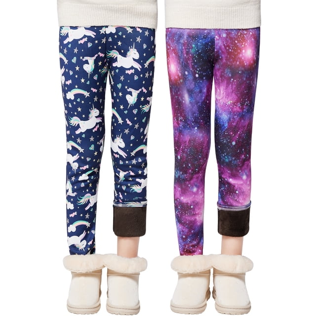Popvcly - Pack de 2 leggings cálidos de invierno para niñas, con forro polar, mallas térmicas gruesas, pantalones de 2 a 11 años