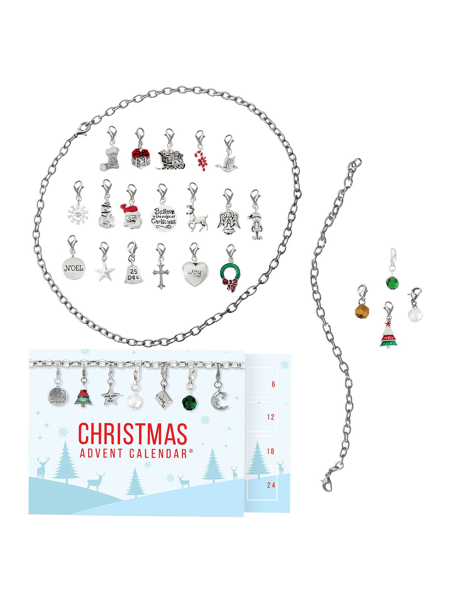 X & O Christmas Advent Calendar Jewelry Set with 22 Charms, 1 Bracelet & 1 Necklace