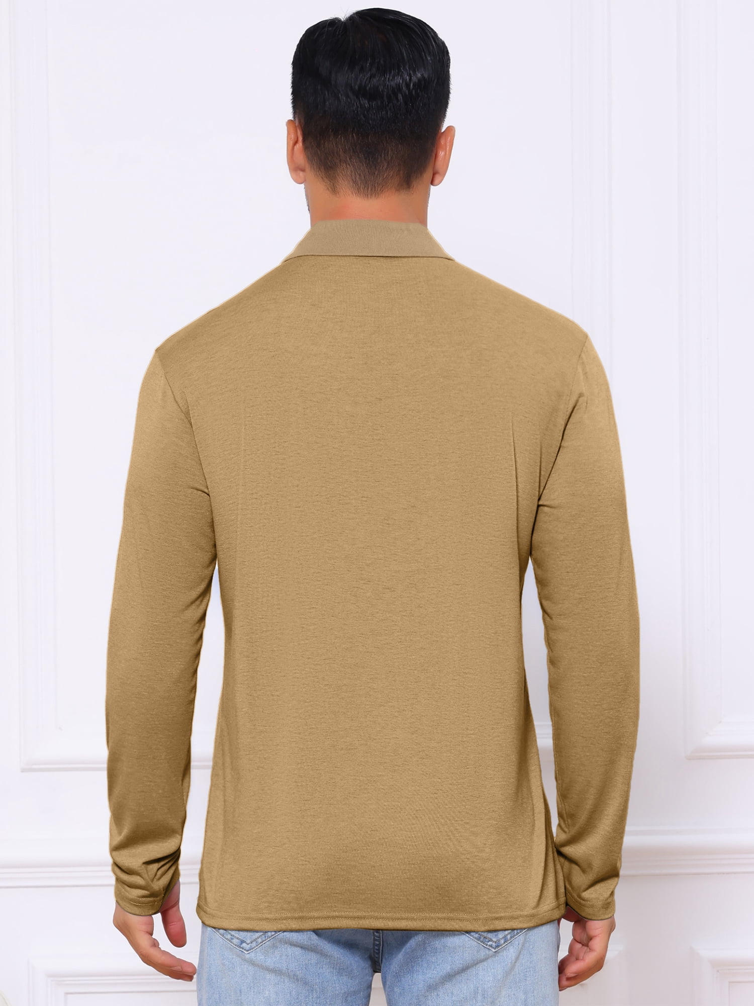 DARING DIVA Men's Contrast Button Collared Long Sleeves Golf Polo T-Shirts M Khaki