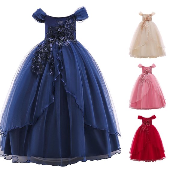 SUXIAN Girls Dresses Off Shoulder Short Sleeve Long Puffy Tutu Party Performance Gown Kids Toddler Dresses Blue 4-5 Years