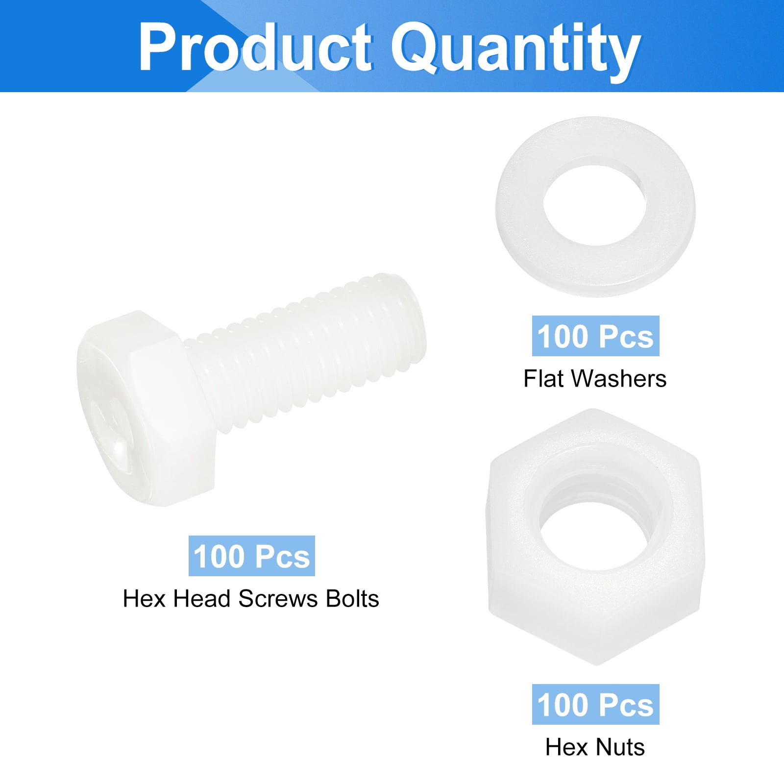 Uxcell 300 Pack/100 Sets Nylon Hex Bolts, M8 x 20mm Plastic Full Threaded Hex Head Screws Bolts and Nuts with Flat Washers for Machinery Electronics Industrial Accessories, White