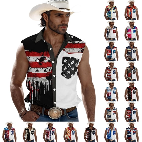 Purcolt Mens Button Down Tank Tops Dressy Casual Print Lapel Collar Sleeveless Vest Vintage Western Cowboy Loose Fit Shirts with Pocket