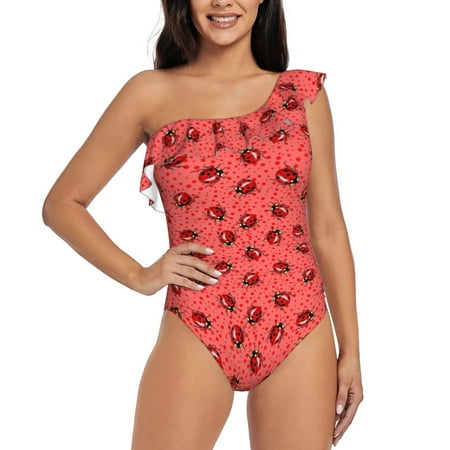 Gukieu Ladybugs On Red Polka Dot Print One-shoulder Ruffled One-piece Swimsuit with Removable Chest Pads and Tummy-control Swimsuit for Women-Small