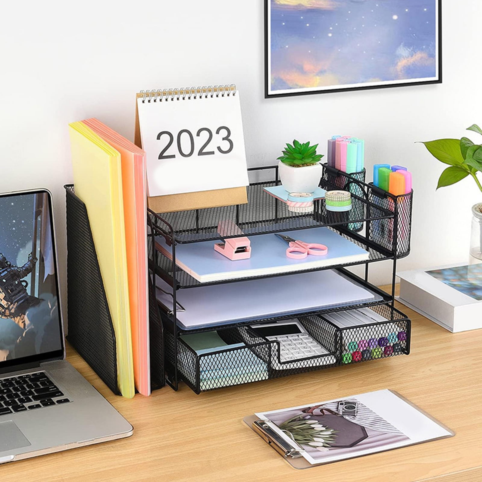 RUISINERY 4-Tiered Letter Tray Metal with Magazine Stand Drawer Pen Cups Desk Organizers and Accessories Multifunction for Office
