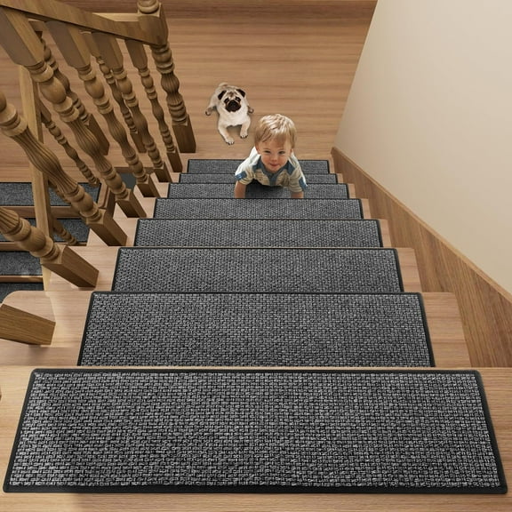 Stair Treads Carpet 15 pcs for Wooden Steps with Non Slip Rubber Backing, 100% Polyester Soft Stairs Resistant Indoor Skid Runner Safety Rugs for Kids Elders and Pets 30" * 8" (Dark Gray)