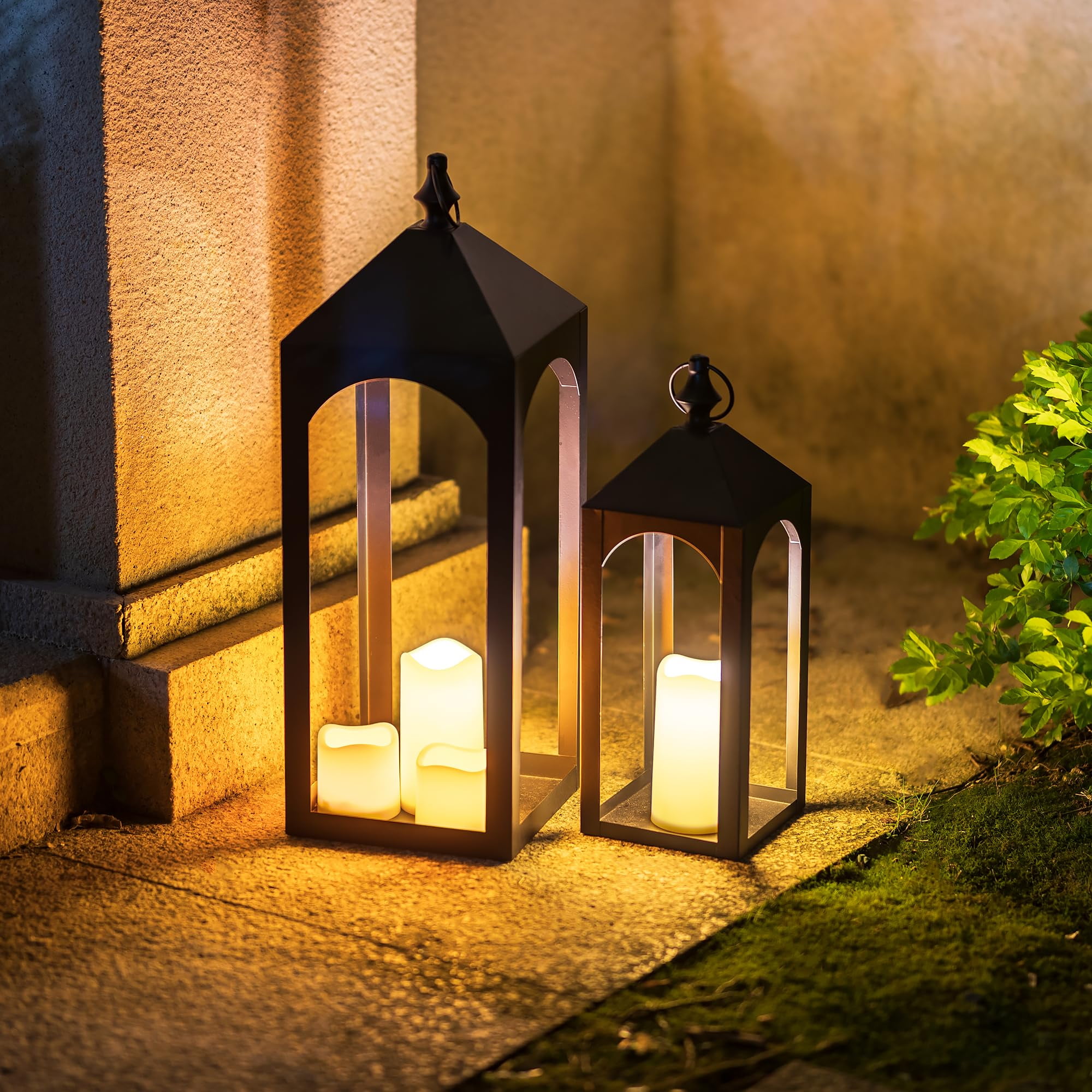 Nuptio Tall Black Lanterns Decorative Indoor for Pillar Candle Holder , Indoor Outdoor Lanterns for Porch & Patio ,17" & 23" Set of 2 ,No Glass M+L (New)
