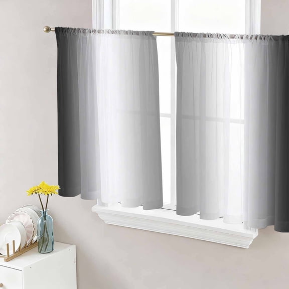 Sheer Curtains 45 Inch Length 2 Panels Set for Kitchen, Ombre Black White Semi Sheer Curtains for Windows, Simple Abstract Striped Farmhouse Voile Window Treatments Rod Pocket Curtain