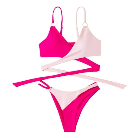 Womens Swimsuits Padded Push Up Gathering Bra Color Block Bikini Set Beachwear Pink Women s Swimwear S