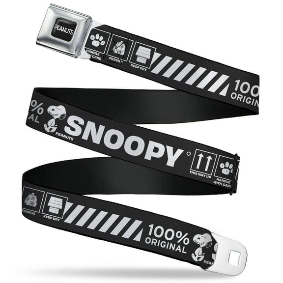 Peanuts Belt, Seatbelt Buckle Belt, Peanuts Snoopy Care Symbols 100% Original Black White, 30 to 44 Inches