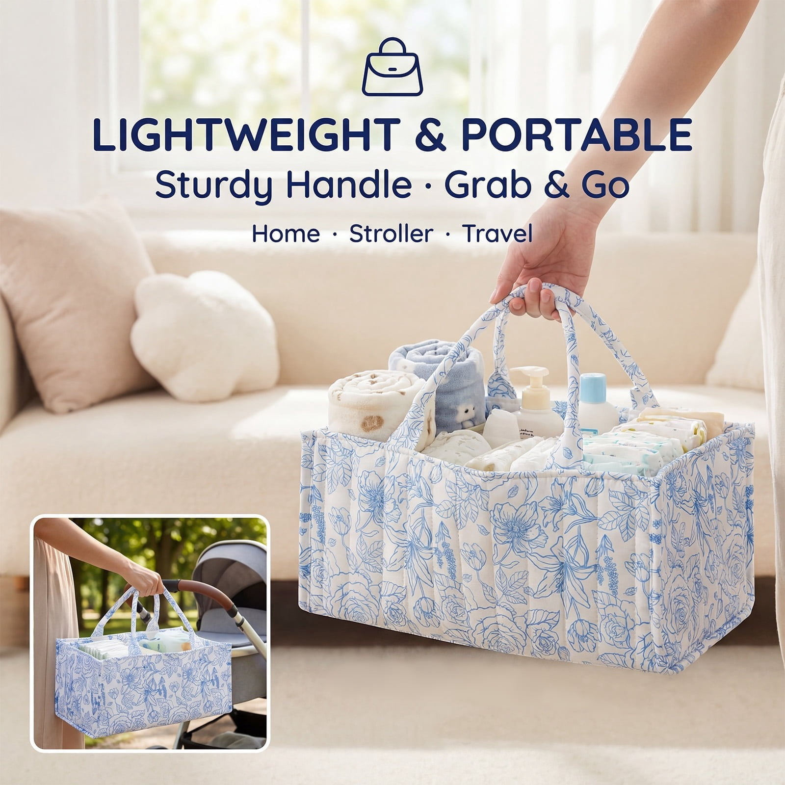 Baby Diaper Caddy Organizer, with Removable Divider Portable Stylish Nursery Storage Basket, Newborn Essentials, Newborn Caddie Car Travel，Blue