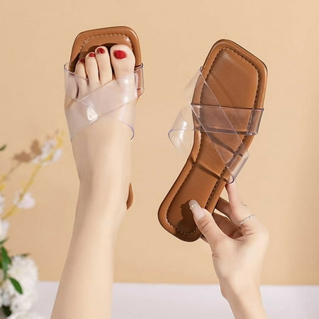 

Wavsuf Slides for Women Solid Wide Transparent Casual Summer Coffee Slides Slippers Size 5.5